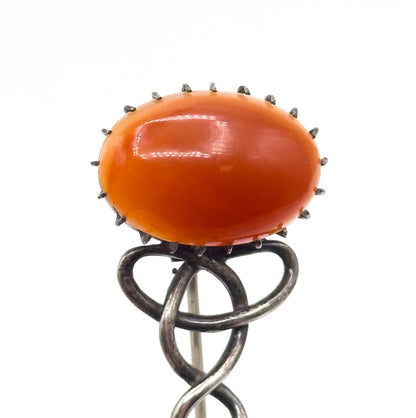 VIctorian Halley's Comet Brooch Kilt Pin with Red Agate Cabochon in Silver