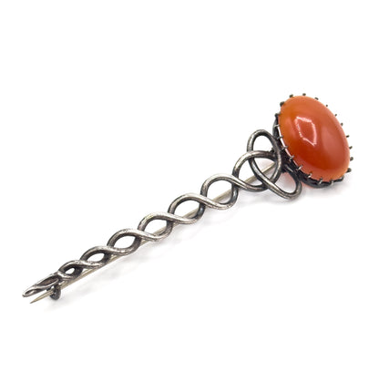VIctorian Halley's Comet Brooch Kilt Pin with Red Agate Cabochon in Silver
