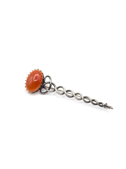 VIctorian Halley's Comet Brooch Kilt Pin with Red Agate Cabochon in Silver