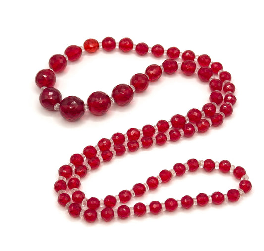 Vintage Long Cherry Red Glass Beaded Necklace