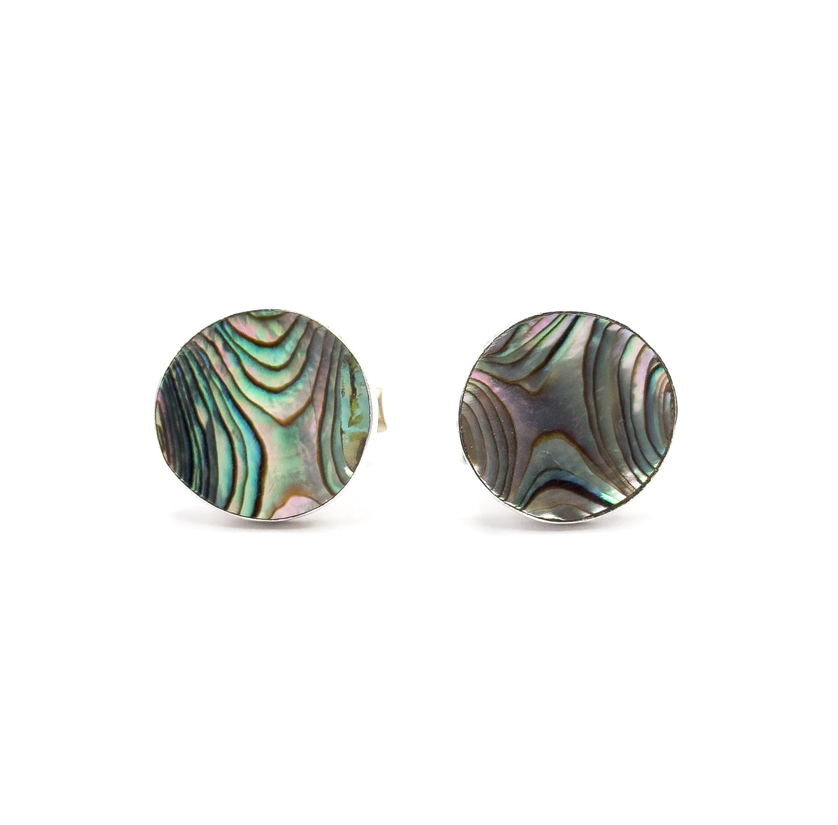 Front view of both round faces, the iridescent abalone shell curving inward within its sterling silver rim, with one post just visible behind the left cufflink.