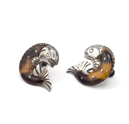 Mid-Century WIlliam Spratling Tortoiseshell Fish Earrings in Silver