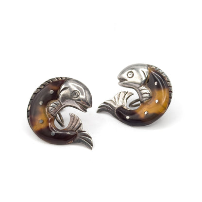 Mid-Century WIlliam Spratling Tortoiseshell Fish Earrings in Silver