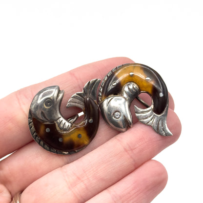 Mid-Century WIlliam Spratling Tortoiseshell Fish Earrings in Silver