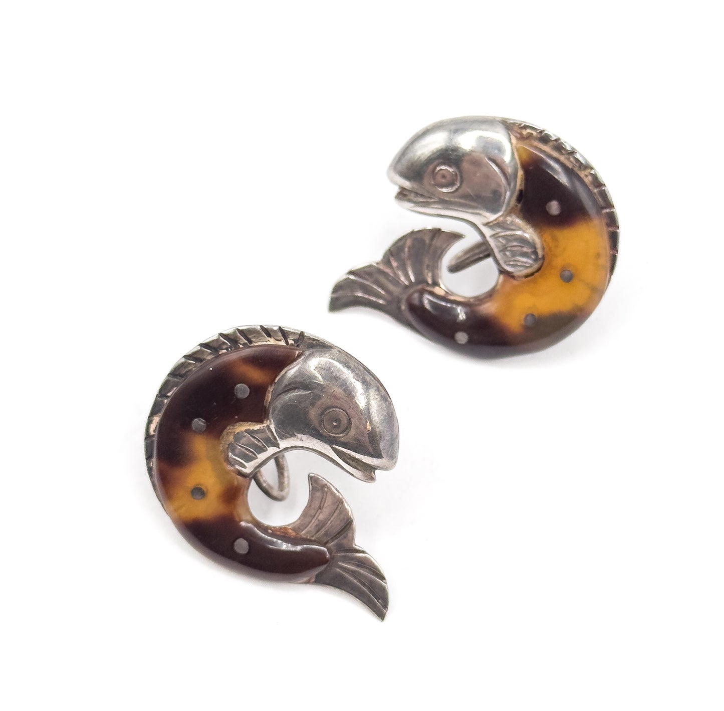 Mid-Century WIlliam Spratling Tortoiseshell Fish Earrings in Silver