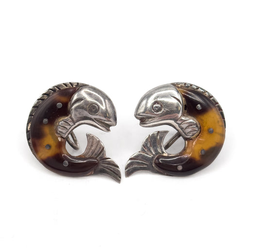 Mid-Century WIlliam Spratling Tortoiseshell Fish Earrings in Silver