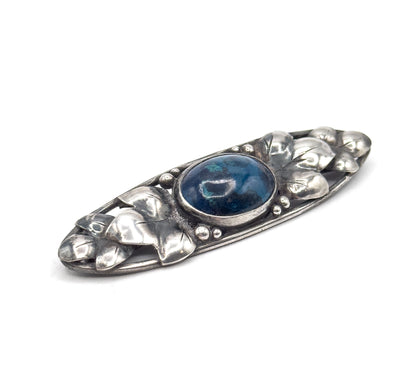 Arts & Crafts Blue Cabochon Hand Made Brooch in Silver