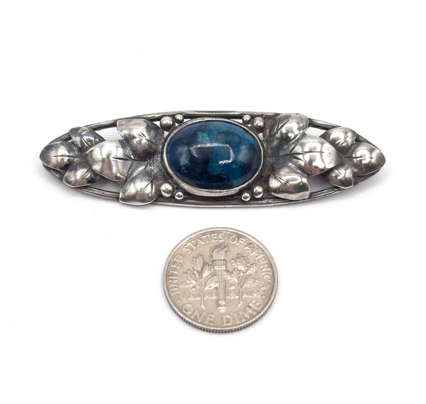 Arts & Crafts Blue Cabochon Hand Made Brooch in Silver
