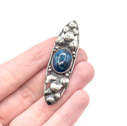 Arts & Crafts Blue Cabochon Hand Made Brooch in Silver