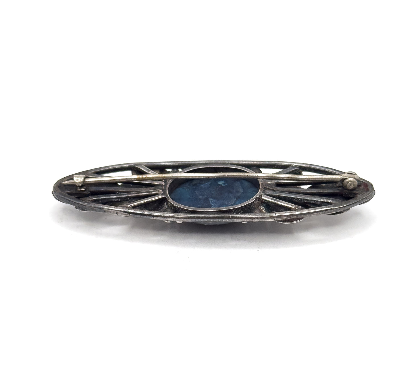 Arts & Crafts Blue Cabochon Hand Made Brooch in Silver