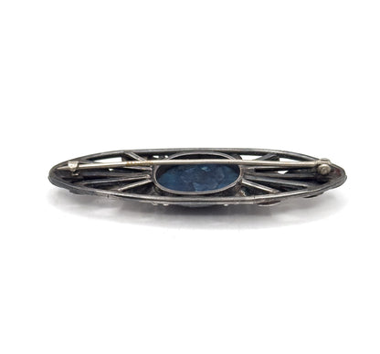 Arts & Crafts Blue Cabochon Hand Made Brooch in Silver