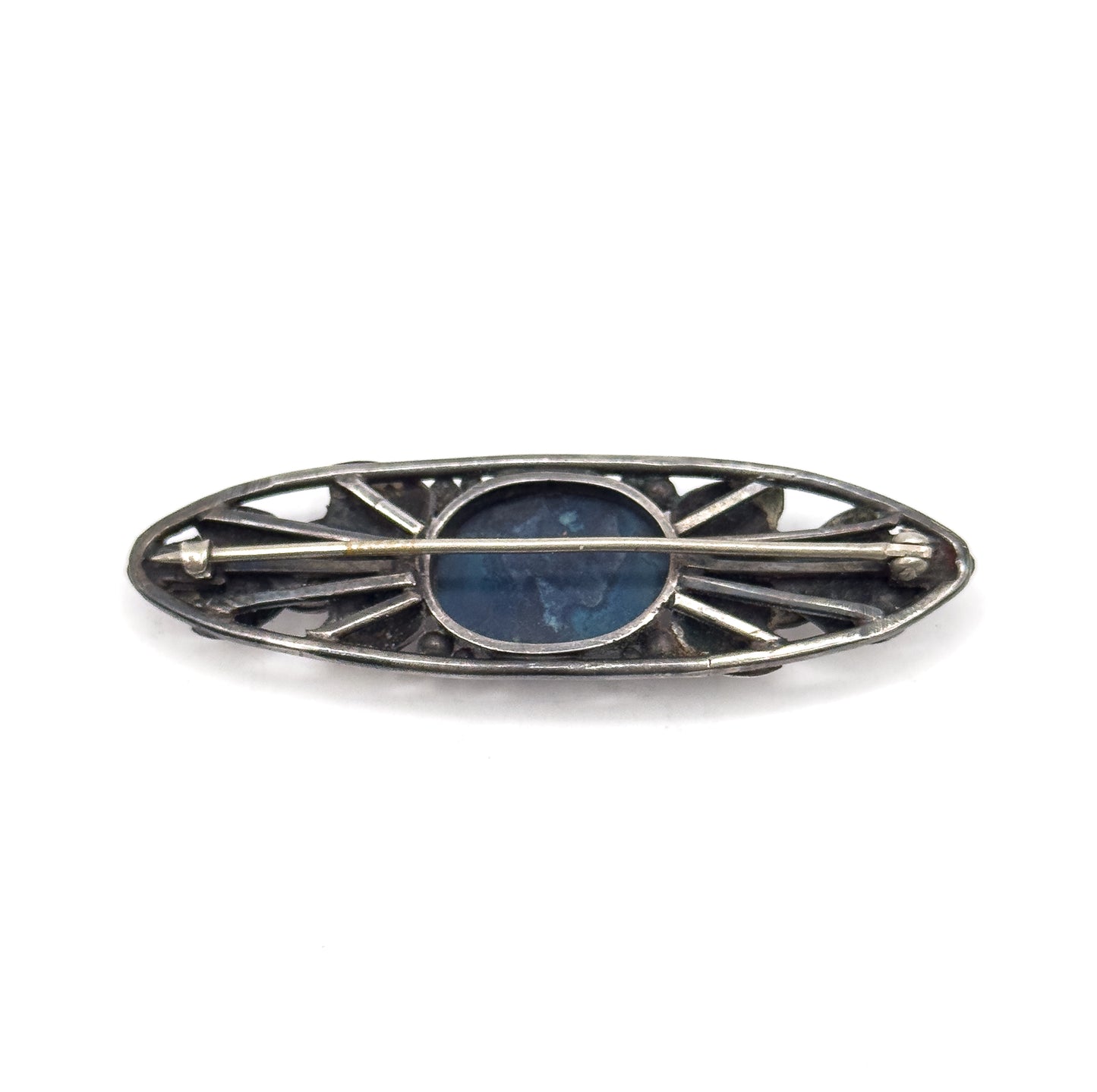 Arts & Crafts Blue Cabochon Hand Made Brooch in Silver