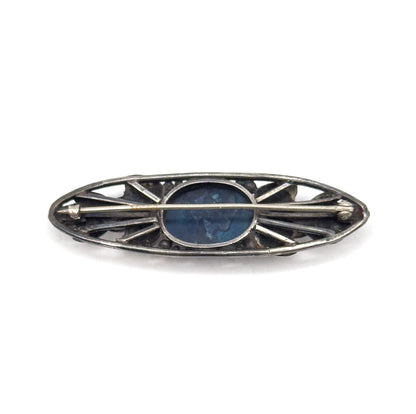 Arts & Crafts Blue Cabochon Hand Made Brooch in Silver