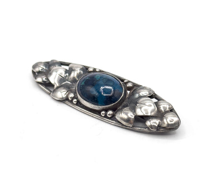 Arts & Crafts Blue Cabochon Hand Made Brooch in Silver