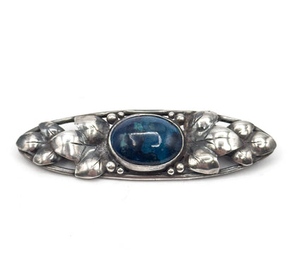 Arts & Crafts Blue Cabochon Hand Made Brooch in Silver