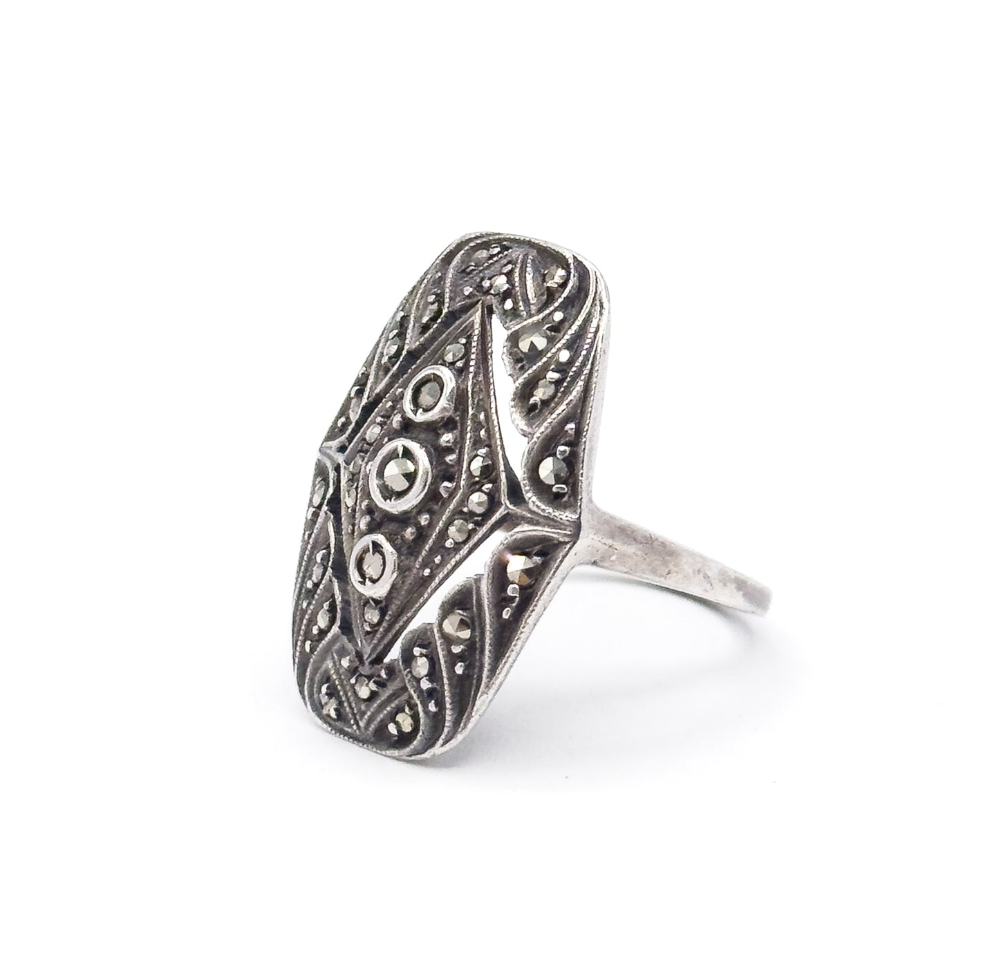 Antique Art Deco German Marcasite Shield Ring in Sterling Silver