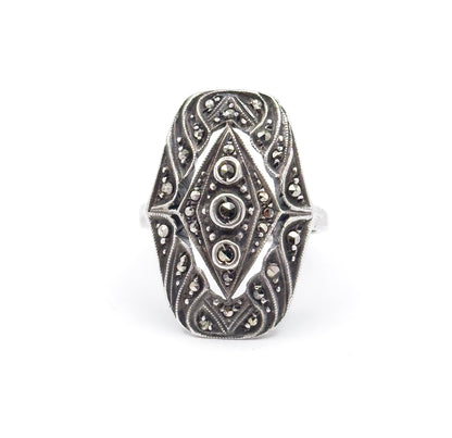 Antique Art Deco German Marcasite Shield Ring in Sterling Silver