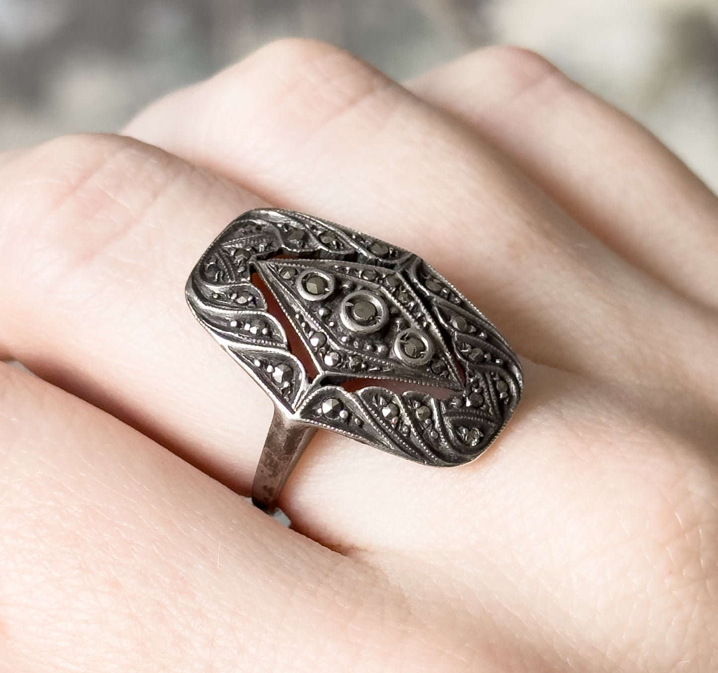 Antique Art Deco German Marcasite Shield Ring in Sterling Silver