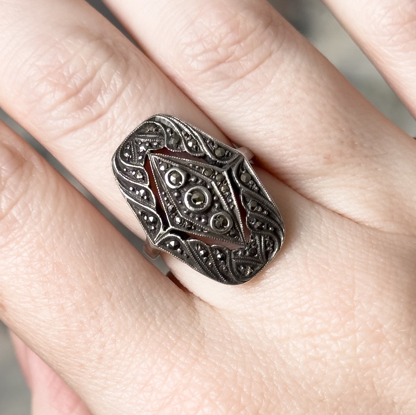 Antique Art Deco German Marcasite Shield Ring in Sterling Silver