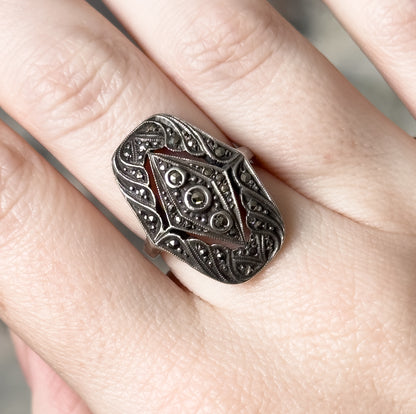 Antique Art Deco German Marcasite Shield Ring in Sterling Silver