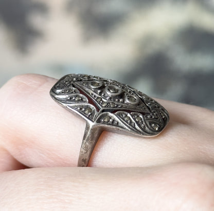 Antique Art Deco German Marcasite Shield Ring in Sterling Silver