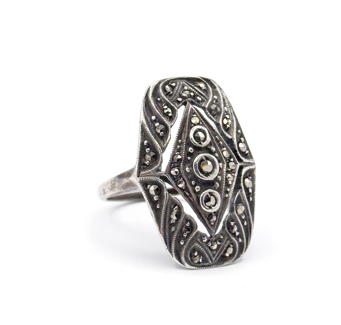 Antique Art Deco German Marcasite Shield Ring in Sterling Silver