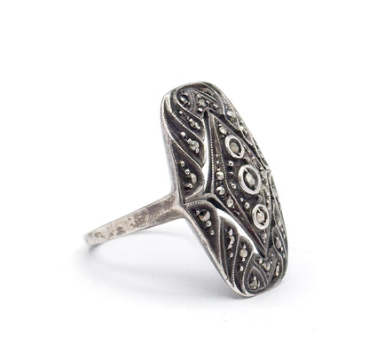 Antique Art Deco German Marcasite Shield Ring in Sterling Silver