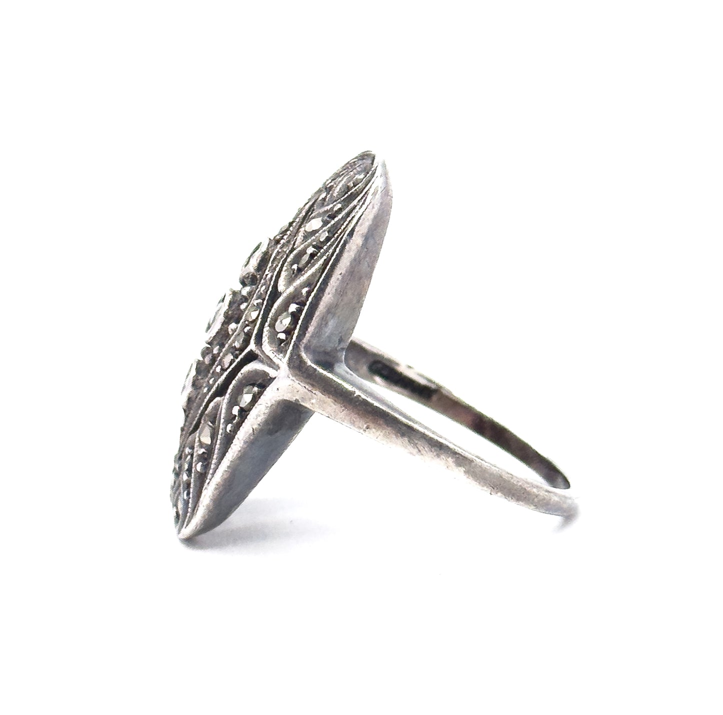 Antique Art Deco German Marcasite Shield Ring in Sterling Silver