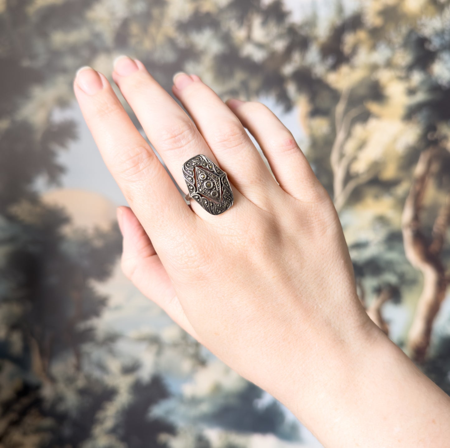 Antique Art Deco German Marcasite Shield Ring in Sterling Silver