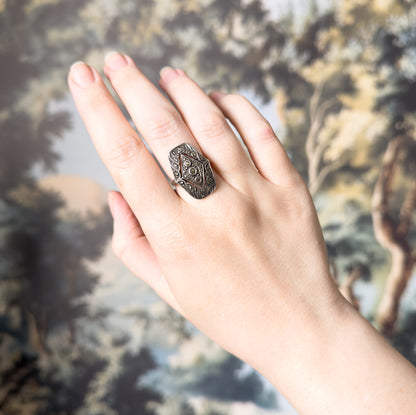 Antique Art Deco German Marcasite Shield Ring in Sterling Silver