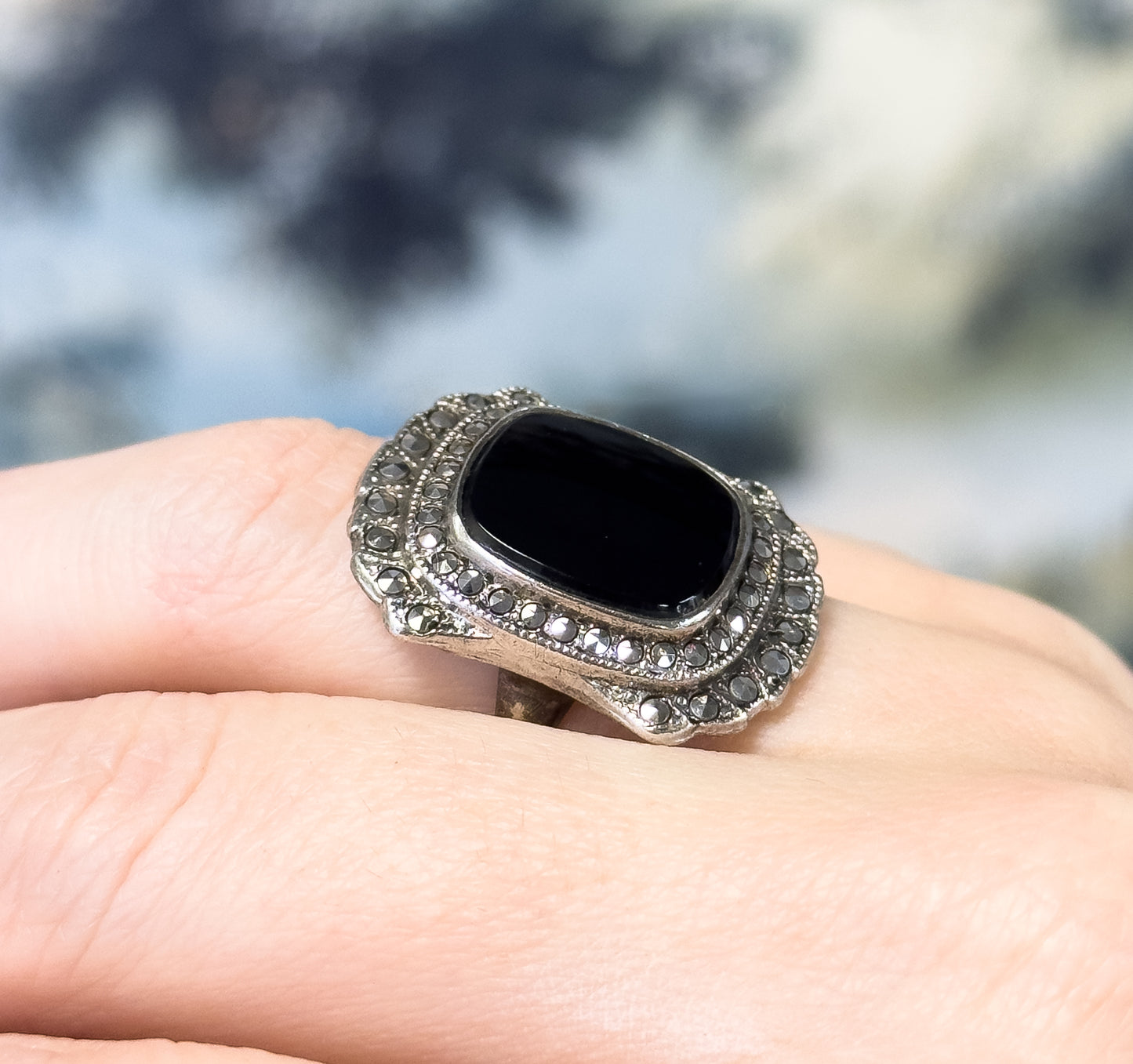 Vintage Art Deco Style Onyx & Marcasite Ring