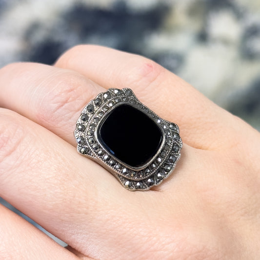 Vintage Art Deco Style Onyx & Marcasite Ring