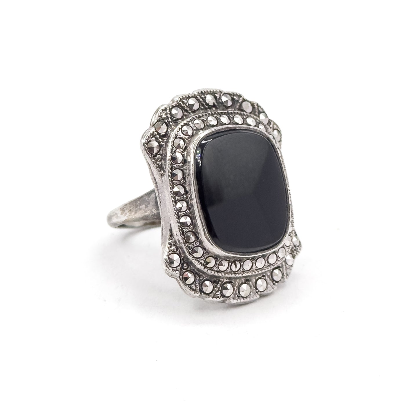Vintage Art Deco Style Onyx & Marcasite Ring