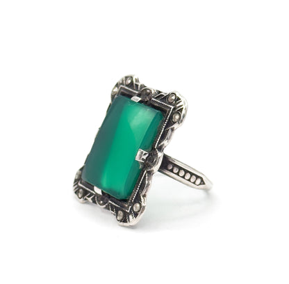 Art Deco Green Chalcedony Ring in Silver