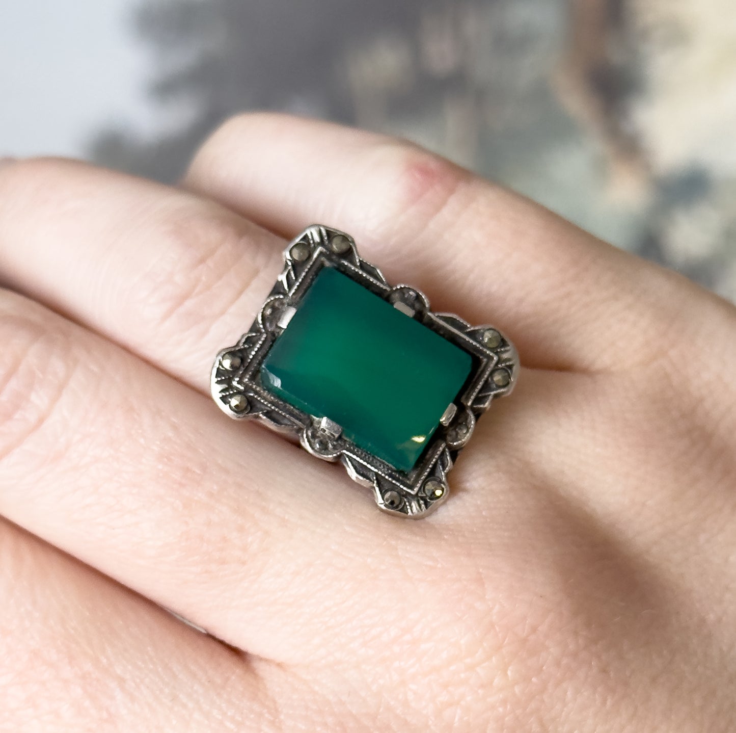 Art Deco Green Chalcedony Ring in Silver