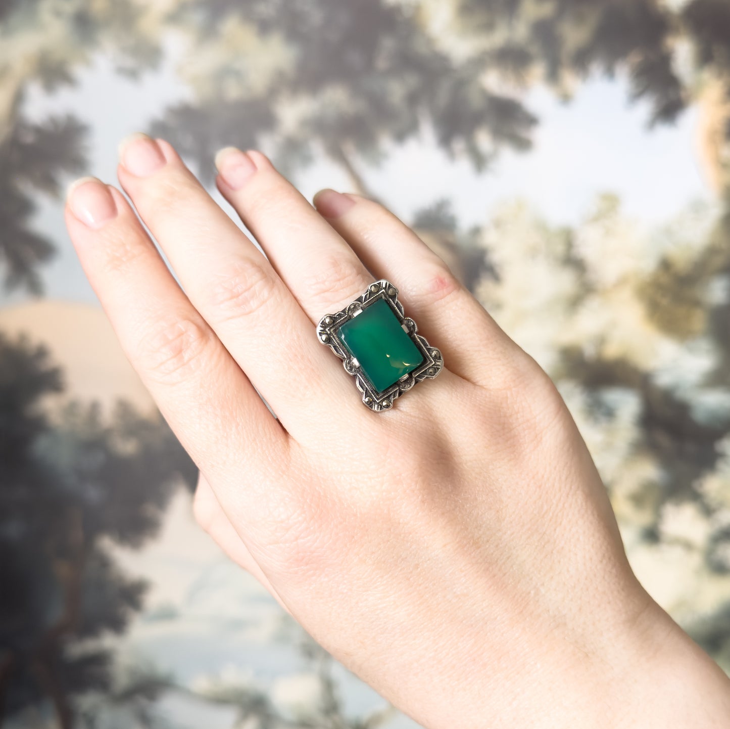 Art Deco Green Chalcedony Ring in Silver