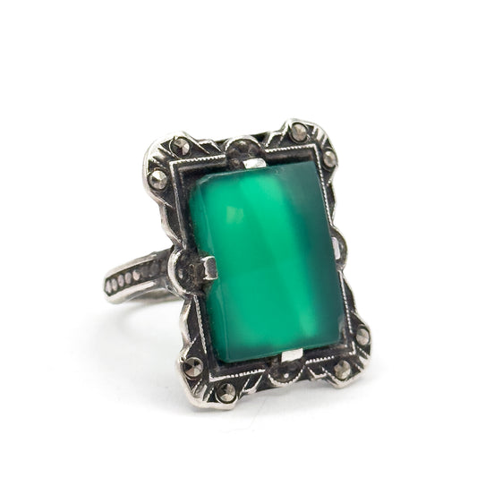 Art Deco Green Chalcedony Ring in Silver