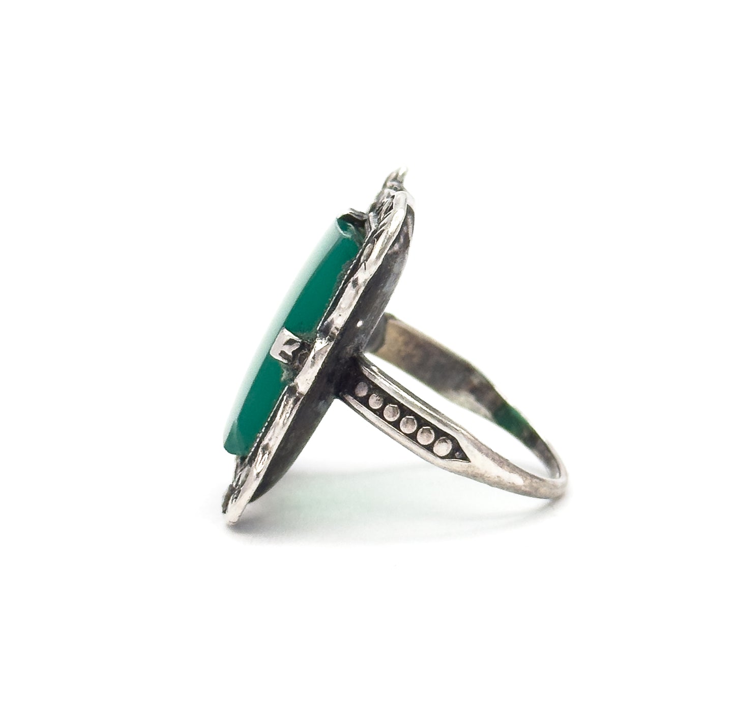 Art Deco Green Chalcedony Ring in Silver