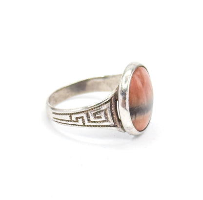 Antique Pink Stone Ring with Greek Key Motif in Silver