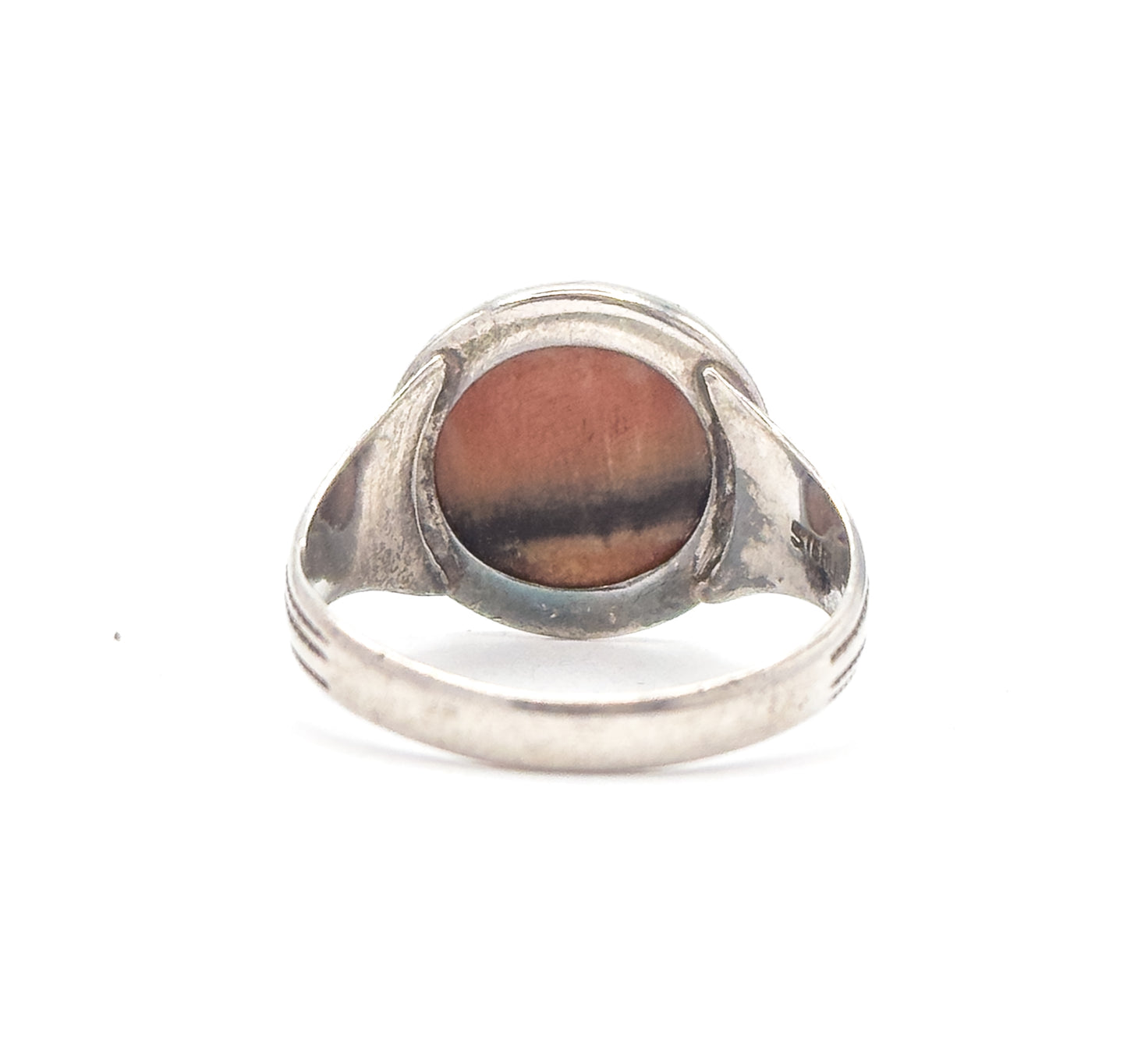 Antique Pink Stone Ring with Greek Key Motif in Silver