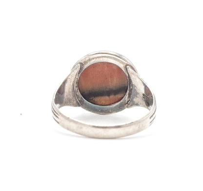 Antique Pink Stone Ring with Greek Key Motif in Silver