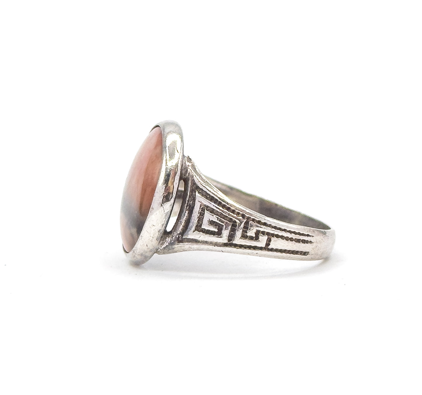 Antique Pink Stone Ring with Greek Key Motif in Silver