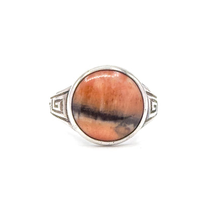 Antique Pink Stone Ring with Greek Key Motif in Silver