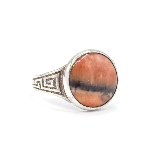 Antique Pink Stone Ring with Greek Key Motif in Silver
