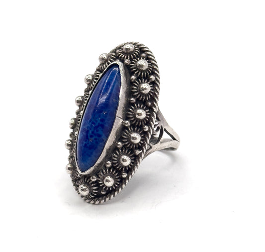 EPIC Vintage Blue Glass Navette Ring in Silver