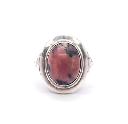 Cool Mid Century Rhodonite Cabochon Ring in Silver