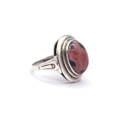 Cool Mid Century Rhodonite Cabochon Ring in Silver