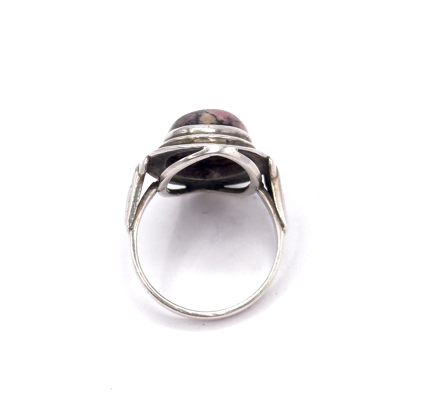 Cool Mid Century Rhodonite Cabochon Ring in Silver