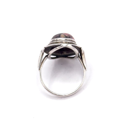 Cool Mid Century Rhodonite Cabochon Ring in Silver