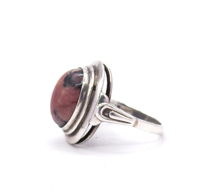 Cool Mid Century Rhodonite Cabochon Ring in Silver